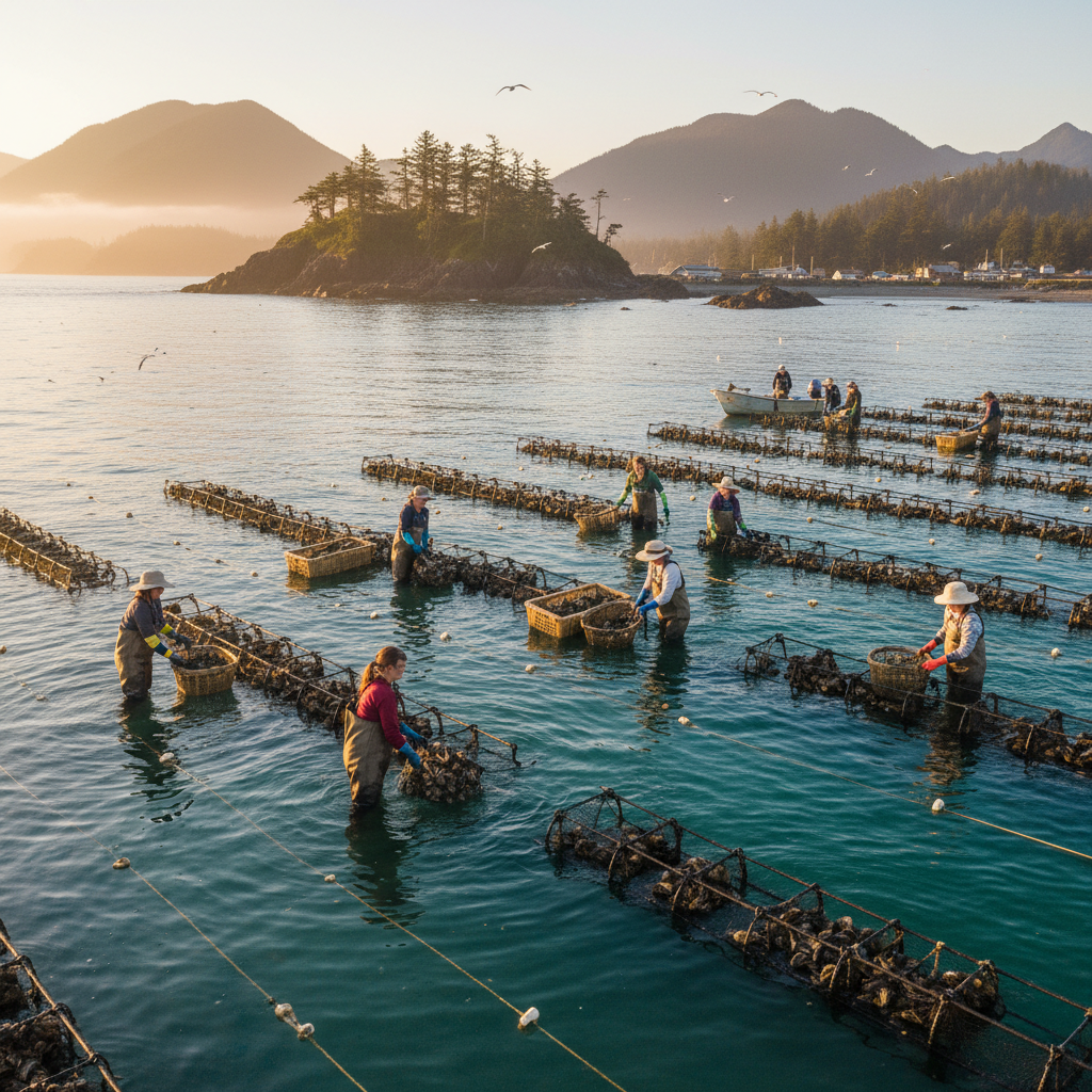 Harvesting oysters on the Las Tres Hermanas farm